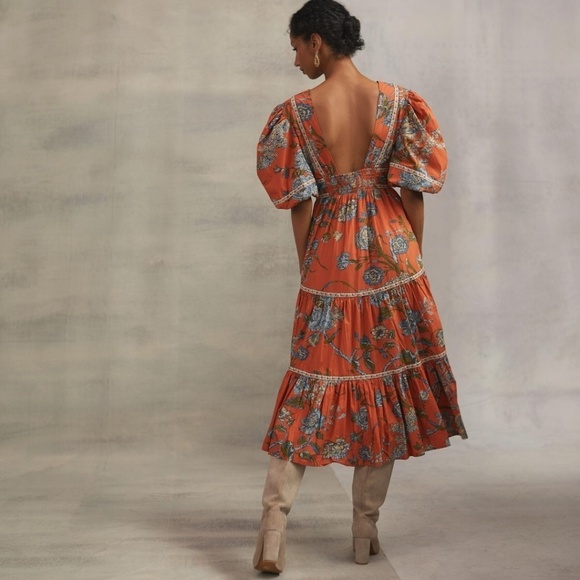 Love the Label Dress Puff- Sleeved Tiered Midi dress in Orange Size XS - Picture 4 of 9